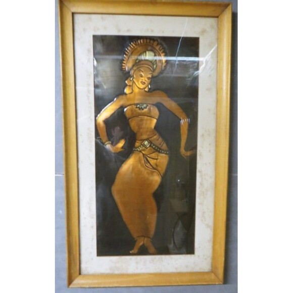 Vintage Copper Relief Framed & Matted Wall Art - Hindu / African 19 x 11" - Picture 1 of 4